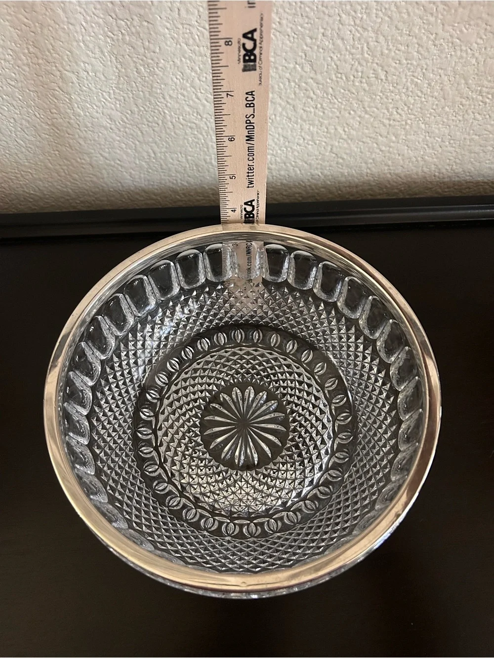 Vintage Teardrop and Diamond Point Pressed Glass Serving Bowl with Silver-Plated